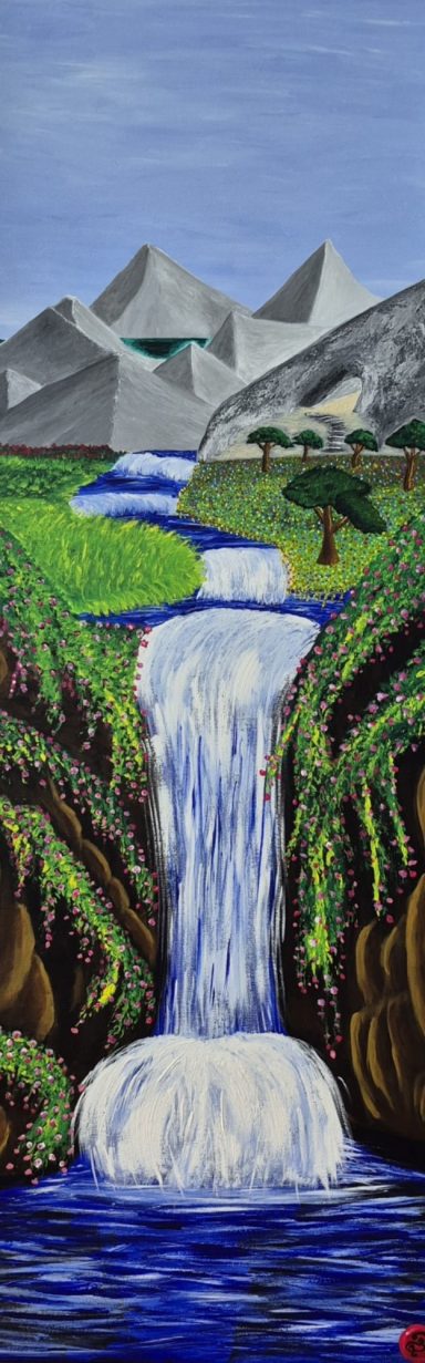 Ein Wasserfall fließt durch grüne Landschaften mit geometrischen Bergen im Hintergrund.